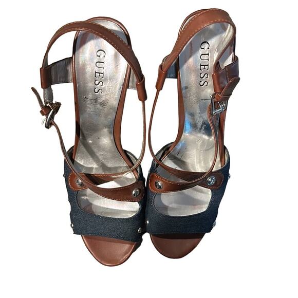 Guess Blue Denim Studded Sandal High Heels Blue & Brown  Size 8M - Picture 7 of 7